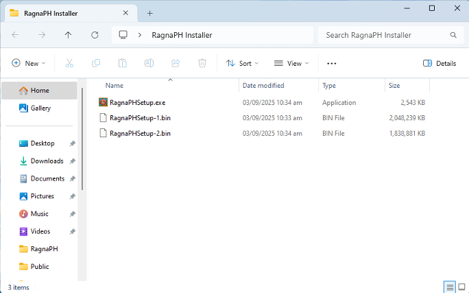 Extracted folder showing RagnaPHSetup.exe and BIN files